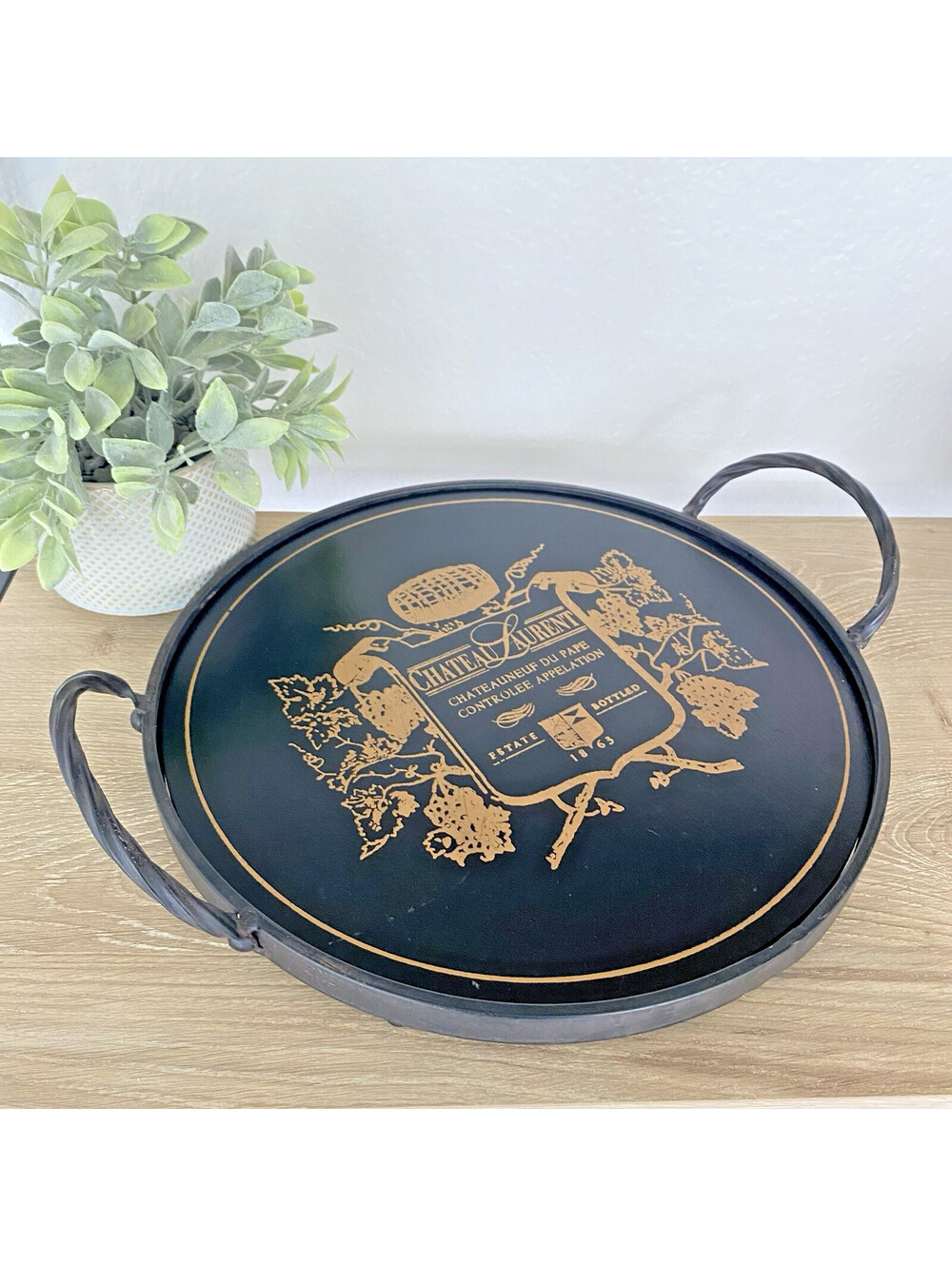 Wood & Wrought Iron Chateau Laurent Wine Decorative Tray w/ Handles Black